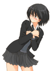Rule 34 | 1girl, amagami, black hair, blush, embarrassed, hands on own chest, nanasaki ai, pleated skirt, sasaki akira (ugc), school uniform, short hair, simple background, skirt, solo