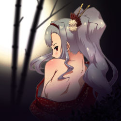 Rule 34 | 1girl, argon (argon18), bad id, bad pixiv id, blush, breasts, dark, from behind, hair ornament, hairband, idolmaster, idolmaster (classic), japanese clothes, kimono, long hair, looking back, off shoulder, ponytail, profile, red eyes, shijou takane, sideboob, silver hair, solo, upper body