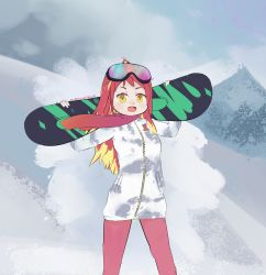 Rule 34 | 1girl, absurdres, fang, highres, hikasa tomoshika, long hair, open mouth, red hair, scarf, smile, snow, snowboard, virtual youtuber, voms, yellow eyes