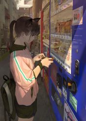 Rule 34 | 1girl, absurdres, animal ears, backpack, bag, black shorts, brown hair, cat ears, commentary request, highres, holding, holding wallet, jacket, original, pink jacket, ponytail, sann, short sleeves, shorts, solo, standing, vending machine, wallet