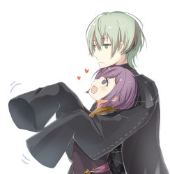 Rule 34 | 1boy, 1girl, bernadetta von varley, black cape, byleth (fire emblem), byleth (male) (fire emblem), cape, closed mouth, earrings, fire emblem, fire emblem: three houses, from side, green eyes, green hair, grey eyes, jewelry, nintendo, open mouth, purple hair, rojiura-cat, short hair, simple background, upper body, white background