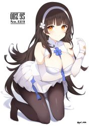 Rule 34 | 1girl, absurdres, bent over, between breasts, blue ribbon, breast hold, breasts, brown hair, brown pantyhose, character name, cleavage, elbow gloves, floating hair, girls&#039; frontline, gloves, hairband, hand up, highres, large breasts, long hair, looking at viewer, miniskirt, no shoes, orange eyes, paaru, pantyhose, pleated skirt, ribbon, shadow, shirt, simple background, skirt, sleeveless, sleeveless shirt, sleeveless turtleneck, smile, solo, tassel, turtleneck, twitter username, type 95 (girls&#039; frontline), very long hair, white background, white gloves, white shirt, white skirt