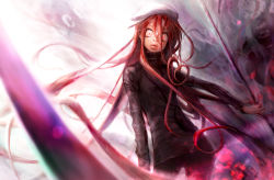 Rule 34 | 1girl, blurry, cowboy shot, depth of field, freckles, hair between eyes, hat, head tilt, holding, holding weapon, hunter x hunter, kite (chimera ant) (hunter x hunter), lips, long hair, looking at viewer, red eyes, red hair, scythe, simple background, smoke, solo, spoilers, turtleneck, very long hair, weapon, white background, wide-eyed, yonsang21