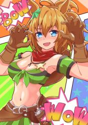 Rule 34 | 1girl, animal ears, armband, armpits, arms up, bare shoulders, belt, blue eyes, blush, breasts, brown belt, brown gloves, brown hair, brown headwear, claw pose, cleavage, commentary request, english text, front-tie top, gloves, green armband, green skirt, hair between eyes, hair ornament, holstered, horse ears, horse girl, horse tail, large breasts, looking at viewer, medium hair, midriff, mokichi3356, multicolored background, navel, open mouth, skirt, smile, solo, sound effects, star (symbol), star hair ornament, star ornament, taiki shuttle (umamusume), tail, umamusume