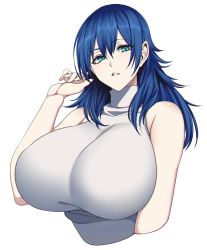 Rule 34 | 1girl, bare shoulders, blue eyes, blue hair, breasts, collarbone, commentary request, highres, huge breasts, hz (666v), long hair, looking at viewer, original, simple background, sleeveless, sleeveless sweater, solo, sweater, upper body, white background, white sweater