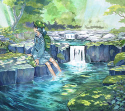 Rule 34 | 1girl, backpack, bag, bare legs, blue dress, blue eyes, blue hair, blush, closed mouth, dappled sunlight, day, dress, forest, green hat, hair bobbles, hair ornament, hat, kawashiro nitori, key, long hair, long sleeves, looking to the side, marker (medium), moss, nature, outdoors, profile, puffy long sleeves, puffy sleeves, river, rock, scenery, shiratama (hockey), sitting, smile, soaking feet, solo, sunlight, touhou, traditional media, tree, twintails, two side up, water, waterfall