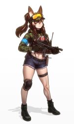 Rule 34 | 1girl, absurdres, ammunition pouch, ankle boots, armband, artist name, belt, bikini, black bikini bottom, black socks, blue armband, boots, brown hair, callisto (greyeth), camouflage, camouflage jacket, canadian flag, cropped jacket, full body, goggles, goggles on headwear, gun, highres, holding, holding weapon, jacket, knee pads, looking at viewer, midriff, multicolored hair, navel, orange eyes, original, panties, pgm300, bulletproof vest, pouch, rifle, short shorts, shorts, sig mcx, smirk, socks, solo, streaked hair, swimsuit, thigh strap, thong bikini, underwear, weapon, white background