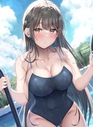 Rule 34 | 1girl, blue sky, blush, braid, breasts, brown eyes, brown hair, chain-link fence, cleavage, collarbone, commentary request, covered navel, curvy, day, fence, gluteal fold, large breasts, lens flare, long hair, looking at viewer, original, outdoors, parted lips, pool, pool ladder, sky, solo, thighs, tomoo (tomo), tree, very long hair, wet, wide hips