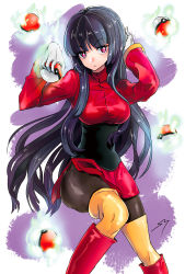 Rule 34 | 1girl, aura, blunt bangs, boots, breasts, covered navel, creatures (company), expressionless, game freak, gloves, gym leader, knee boots, kneehighs, long hair, long sleeves, looking at viewer, medium breasts, nintendo, pantyhose, poke ball, poke ball (basic), pokemon, pokemon rgby, purple hair, red eyes, red footwear, sabrina (pokemon), sarusaru naoto, simple background, socks, solo, turtleneck, white background