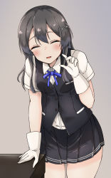 Rule 34 | 1girl, black hair, black skirt, black vest, blue ribbon, breasts, collared shirt, closed eyes, gloves, grey background, hair between eyes, hair ornament, hairclip, highres, kantai collection, light smile, looking at viewer, neck ribbon, open mouth, oyashio (kancolle), pleated skirt, ribbon, shirt, short sleeves, skirt, small breasts, smile, solo, table, vest, wasumi kei, white gloves, white shirt