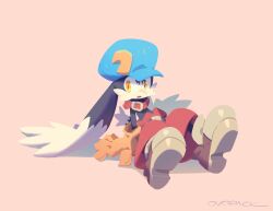 Rule 34 | 1boy, :o, animal ears, arm support, artist name, baseball cap, belt, blue hat, brown gloves, collar, commentary, from side, full body, furry, furry male, gloves, hat, highres, kaze no klonoa, klonoa, looking to the side, male focus, murayama ryota, no lineart, open mouth, pants, pink background, reclining, red collar, red pants, shoes, signature, simple background, sitting, slit pupils, solo, very long ears, white footwear, wide-eyed, yellow eyes