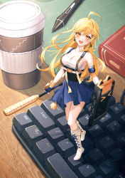 Rule 34 | &gt; &lt;, 1girl, absurdres, ahoge, armband, bare shoulders, baseball bat, blonde hair, blue skirt, book, boots, breasts, cleavage, collarbone, cross-laced footwear, cup, disposable cup, earrings, eichi (skskdi12z), figure story, fingerless gloves, frilled skirt, frills, full body, gloves, hair ornament, hairclip, high heels, highres, holding, holding shield, holding weapon, jewelry, keyboard (computer), knee boots, lace-up boots, long hair, looking at viewer, mini person, minigirl, open mouth, original, pen, shield, shirt, sideboob, skirt, solo, strapless, suspenders, table, taut clothes, taut shirt, teeth, tube top, upper teeth only, weapon, white legwear, wooden table, yellow eyes