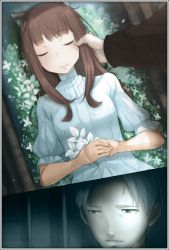 Rule 34 | 1boy, 1girl, animal ears, brown hair, craft lawrence, death, flower, funeral, grey eyes, grey hair, highres, holding, holding flower, holo, long hair, m.k.ray, smile, spice and wolf, spoilers, wolf ears, wolf girl