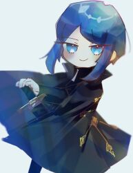 Rule 34 | 1girl, black coat, blue eyes, blue hair, chibi, coat, grey background, hand on hilt, holding, holding sword, holding weapon, library of ruina, looking at viewer, pale skin, porccu 200g, project moon, short hair, smile, smug, sword, the bookhunter, weapon