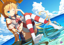 Rule 34 | 1girl, absurdly long hair, accident, andrea doria (warship girls r), arm support, ball, bare shoulders, beachball, belt, blonde hair, blue eyes, blue skirt, blush, choker, cloud, crop top, day, dutch angle, feet, food, hair ribbon, ice cream, italian flag, long hair, low twintails, muq, ocean, one eye closed, partially submerged, pleated skirt, red thighhighs, ribbon, rubbing eyes, sitting, skirt, sky, solo, striped clothes, striped thighhighs, thighhighs, twintails, umbrella, very long hair, warship girls r, water, wet, wet clothes, white thighhighs