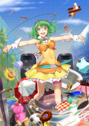 Rule 34 | 1girl, aircraft, airplane, akisa yositake, bag, ball, belt, biplane, blue eyes, cat, cd, cup, doughnut, exit sign, flower, food, fruit, goggles, green hair, gumi, highres, kendama, lipstick, makeup, musical note, open mouth, outstretched arms, pencil, shield, soccer ball, solo, speaker, strawberry, stuffed animal, stuffed toy, sunflower, sword, teddy bear, umbrella, vocaloid, weapon