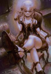 Rule 34 | 1girl, atsuki0814, black dress, black footwear, breasts, chair, cleavage, closed mouth, commentary request, couch, dress, foot out of frame, highres, indoors, long hair, looking at phone, looking at viewer, mary janes, medium breasts, mole, mole on breast, original, parted bangs, phone, sepia, shoes, smile, solo, thighs, wire