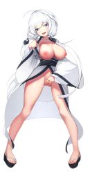 Rule 34 | 1girl, alternate costume, azur lane, bad id, bad pixiv id, bar censor, blue eyes, blunt bangs, blush, breasts, breasts out, censored, cleavage, curvy, female focus, full body, head tilt, highres, illustrious (azur lane), japanese clothes, kimono, large breasts, long hair, long twintails, looking at viewer, mole, mole under eye, nipples, no bra, no panties, open clothes, open mouth, pointless censoring, pussy, pussy juice, simple background, smile, solo, spread pussy, standing, twintails, white background, white hair, yeong r6, yukata
