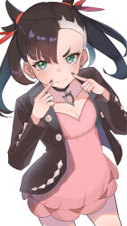 Rule 34 | 1girl, amepa (ame pinecandy), asymmetrical bangs, black choker, black hair, black jacket, black nails, choker, commentary request, commission, creatures (company), dress, earrings, finger to cheek, fingersmile, flat chest, game freak, green eyes, hair ribbon, highres, index finger raised, jacket, jewelry, light blush, looking at viewer, marnie (pokemon), nintendo, pendant choker, pink dress, pokemon, pokemon swsh, ribbon, single earring, skeb commission, solo, stud earrings, twintails, undercut, v-shaped eyebrows