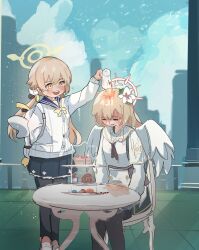 Rule 34 | 2girls, absurdres, black neckerchief, black pantyhose, blonde hair, blue archive, blue sailor collar, blue skirt, blush, bow, bowtie, cake, cardigan, closed eyes, closed mouth, commentary, english commentary, feathered wings, flower, food, hair flower, hair ornament, halo, hifumi (blue archive), highres, long hair, long sleeves, miniskirt, multiple girls, nagisa (blue archive), neckerchief, open mouth, pantyhose, pleated skirt, pouring, pouring onto another, red halo, sailor collar, shinev tan, sitting, skirt, standing, tea, teeth, twintails, upper teeth only, white cardigan, white flower, white sailor collar, white wings, wings, yellow bow, yellow bowtie, yellow eyes, yellow halo