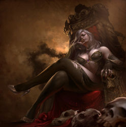 Rule 34 | 1girl, absurdres, bangku an, bare shoulders, blue eyes, breasts, cleavage, crossed legs, fingerless gloves, from below, gloves, hand on own chin, high heels, highres, large breasts, looking at viewer, looking down, navel, realistic, silver hair, sitting, skull, solo, thighhighs, throne, torn clothes, torn thighhighs