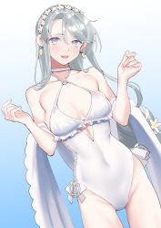 Rule 34 | 1girl, anchor, asymmetrical bangs, blue background, breasts, casual one-piece swimsuit, choker, cleavage, collarbone, covered navel, dutch angle, earrings, flower, frills, gluteal fold, gradient background, grey hair, hair flower, hair ornament, hairband, highres, jewelry, kantai collection, long hair, medium breasts, official alternate costume, one-piece swimsuit, open mouth, purple eyes, sagiri (kancolle), shawl, shingyou (alexander-13), smile, solo, swept bangs, swimsuit, very long hair, white choker