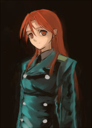 Rule 34 | 1girl, alternate costume, bad id, bad pixiv id, black background, long hair, long sleeves, military, military uniform, minna-dietlinde wilcke, posidoc, red eyes, red hair, solo, strike witches, uniform, world witches series