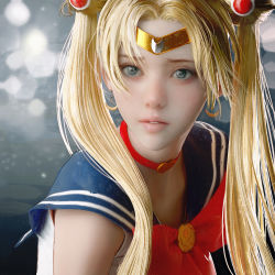 Rule 34 | 1girl, bishoujo senshi sailor moon, bishoujo senshi sailor moon s, blonde hair, blue eyes, blue sailor collar, choker, commentary, crescent, crescent earrings, derivative work, earrings, english commentary, heart, heart choker, highres, jewelry, lips, long hair, meme, parted bangs, parted lips, realistic, red choker, ryan tien, sailor collar, sailor moon, sailor moon redraw challenge (meme), sailor senshi uniform, solo, tiara, twintails