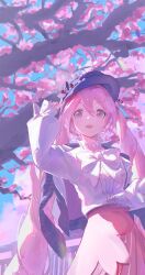 Rule 34 | 1girl, absurdres, blue sky, blush, bow, cherry blossoms, cloud, curly hair, frilled shirt collar, frilled sleeves, frills, hair between eyes, hat, hatsune miku, highres, jacket, jacket on shoulders, long hair, looking ahead, mala tutou, open mouth, pink eyes, pink hair, pink skirt, sakura miku, sakura miku (rella), sidelighting, skirt, sky, solo, spring (season), standing, upper body, very long hair, vocaloid, white bow