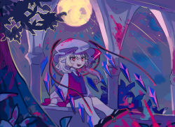 Rule 34 | 1girl, :d, arch, black footwear, blonde hair, blood, blush, bush, commentary, crystal, fang, flandre scarlet, full body, full moon, hat, highres, leaf, long sleeves, mary janes, medium hair, mob cap, moon, necktie, open mouth, pillar, pointy ears, red eyes, red necktie, red skirt, red vest, shi chimi, shirt, shoes, side ponytail, sitting, skirt, skirt set, sleeve cuffs, smile, teeth, touhou, tree, upper teeth only, vest, white hat, white shirt, wings