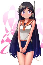 Rule 34 | 1girl, black hair, blue one-piece swimsuit, commentary request, cowboy shot, headgear, highres, i-400 (kancolle), izumikuma, kantai collection, looking to the side, one-piece swimsuit, orange sailor collar, purple eyes, sailor collar, sailor shirt, school swimsuit, shirt, side-tie shirt, sleeveless, sleeveless shirt, solo, standing, swimsuit, swimsuit under clothes, tan