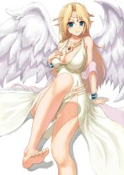 Rule 34 | 1girl, barefoot, blonde hair, blue eyes, bracelet, breasts, circlet, cleavage, feet, highres, ilias, jewelry, large breasts, long hair, looking at viewer, mon-musu quest!, necklace, pointy ears, sitting, smile, soles, toes, wings