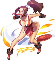 Rule 34 | 1girl, bent over, black gloves, breasts, cleavage, clenched hands, fatal fury, fire, folded fan, folding fan, full body, gloves, groin, hand fan, hip focus, large breasts, mouth hold, no panties, pelvic curtain, robaato, see-through silhouette, shiranui mai, simple background, snk, solo, the king of fighters, traditional clothes, white background