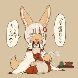 Rule 34 | 1other, animal ears, bad id, bad twitter id, blush, brown background, cosplay, cup, flower, furry, green eyes, hair flower, hair ornament, japanese clothes, kawasemi27, looking at viewer, made in abyss, miko, nanachi (made in abyss), open mouth, seiza, senko (sewayaki kitsune no senko-san), senko (sewayaki kitsune no senko-san) (cosplay), sewayaki kitsune no senko-san, short hair, simple background, sitting, smile, speech bubble, tail, teapot, translated, white hair