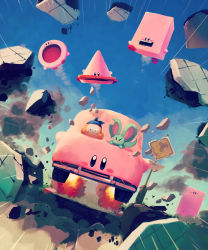 Rule 34 | absurdres, bandana, bandana waddle dee, blue bandana, blue sky, car, car mouth, cone mouth, day, elfilin, highres, kirby, kirby (series), kirby and the forgotten land, motor vehicle, nintendo, outdoors, ring mouth, road sign, scissor-lift mouth, sign, sky, speed lines, suyasuyabi, traffic cone, twitter username, vehicle focus, vending mouth