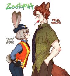 Rule 34 | 1boy, 1girl, :t, animal ears, bad id, bad pixiv id, blue eyes, blush, character name, collared shirt, copyright name, cowboy shot, dishing, disney, dress shirt, fang, food, food in mouth, fox ears, fox tail, from side, green eyes, green shirt, grey hair, hand in pocket, hands on own hips, height difference, judy hopps, long sleeves, looking at another, mouth hold, necktie, nick wilde, orange hair, pants, paw print, personification, police, police uniform, policewoman, popsicle, pout, print shirt, profile, rabbit ears, rabbit tail, shirt, short hair, short sleeves, simple background, striped necktie, striped neckwear, sweets, tail, teeth, uniform, white background, zootopia