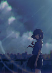 Rule 34 | 1girl, absurdres, ahoge, black skirt, blue eyes, blue hair, blunt bangs, blurry, blurry background, bow, bowtie, chromatic aberration, closed mouth, depth of field, evening, highres, lens flare, light particles, looking to the side, medium hair, oka kojiro, original, outdoors, overcast, railing, red bow, red bowtie, school uniform, serafuku, shirt, skirt, sky, solo, standing, white shirt, wind