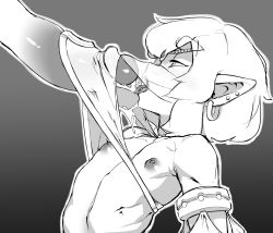 Rule 34 | 2boys, absurdres, arched back, bad id, bad pixiv id, blush, crossdressing, erection, gerudo set (zelda), gloss (hotglossed), greyscale, highres, imminent fellatio, link, male focus, monochrome, multiple boys, nintendo, nipples, penis, pointy ears, see-through, solo focus, the legend of zelda, the legend of zelda: breath of the wild, trap, uncensored, yaoi