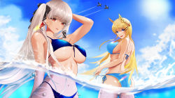 Rule 34 | 2girls, aircraft, airplane, alternate costume, anniversary, arm behind back, arm behind head, armpits, ass, azur lane, back, bare back, bare shoulders, beefusteku, bikini, black ribbon, blonde hair, blue bikini, blue eyes, blush, breasts, cleavage, collarbone, commentary, english commentary, feet out of frame, formidable (azur lane), from side, grey hair, hair ornament, hair ribbon, hairclip, highres, large breasts, long hair, looking at viewer, looking to the side, multiple girls, navel, on water, open mouth, parted lips, red eyes, ribbon, sideboob, smile, standing, stomach, swimsuit, teeth, thighs, twintails, underboob, upper teeth only, victorious (azur lane)