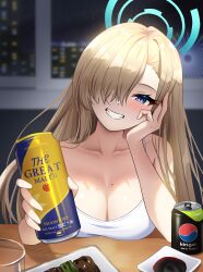 Rule 34 | 1girl, absurdres, asuna (blue archive), beer can, blonde hair, blue archive, blue eyes, blue halo, blurry, blurry background, blush, breasts, camisole, can, cleavage, collarbone, commentary request, drink can, food, grin, hair over one eye, halo, highres, holding, holding can, large breasts, long hair, looking at viewer, mole, mole on breast, naze236, partial commentary, sky, smile, solo, star (sky), starry sky, white camisole