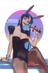 Rule 34 | absurdres, animal ears, blue eyes, braid, commission, evil smile, fake animal ears, fate/grand order, fate/stay night, fate (series), highres, knife, leotard, lipstick, makeup, medea (fate), one eye closed, pantyhose, playboy bunny, pointy ears, purple hair, purple lips, rabbit ears, rulebreaker, savadava, smile, solo