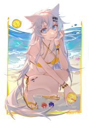 Rule 34 | 3girls, absurdres, animal ears, arknights, bikini, black nails, blue eyes, commentary, criss-cross halter, exusiai (arknights), grey hair, hair between eyes, hair ornament, hairclip, halterneck, hand up, highres, lappland (arknights), long hair, looking at viewer, material growth, mini person, minigirl, mostima (arknights), multiple girls, nail polish, nyansky, oripathy lesion (arknights), sandals, scar, scar across eye, stomach, swimsuit, symbol-only commentary, tail, texas (arknights), toenail polish, toenails, very long hair, wolf ears, wolf tail, yellow bikini