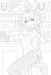 Rule 34 | 1girl, aaeru, animal ears, astolfo (fate), bar (place), bottle, braid, breasts, cup, day, drinking glass, fake animal ears, fang, fate/apocrypha, fate (series), fishnet pantyhose, fishnets, from side, genderswap, genderswap (mtf), greyscale, hair between eyes, hair intakes, heart, heart hands, highres, indoors, leotard, lineart, long hair, looking at viewer, monochrome, open mouth, pantyhose, playboy bunny, rabbit ears, sidelocks, single braid, sitting, small breasts, smile, solo, very long hair, wine bottle, wine glass, wrist cuffs
