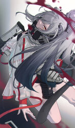 Rule 34 | 1girl, absurdres, animal ear fluff, animal ears, arknights, ass, black footwear, black scarf, black socks, blood, boots, breasts, cat ears, cat girl, cat tail, cleavage, eyes visible through hair, from behind, grey hair, gun, highres, holding, holding gun, holding weapon, jacket, kimo suna, knee boots, kneehighs, large breasts, leg up, long hair, long sleeves, looking at viewer, looking back, open clothes, open jacket, orange eyes, ponytail, scarf, schwarz (arknights), socks, solo, tail, v-shaped eyebrows, very long hair, weapon, white jacket