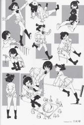 Rule 34 | alcor (little witch academia), artbook, balancing, black cat, broom, cat, chair, glasses, hood, hoodie, kagari atsuko, little witch academia, looking up, monochrome, montage, official art, on floor, running, school uniform, short hair, walking on fence, wand, yoshinari you, aged down