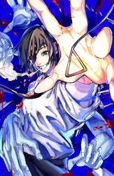 Rule 34 | 1girl, 1other, black hair, blood, blood splatter, blue background, blue eyes, blue theme, chainsaw man, cigarette, collared shirt, disembodied hand, extra arms, eyepatch, floating neckwear, ghost devil (chainsaw man), highres, himeno (chainsaw man), looking at viewer, pale skin, reaching, reaching towards viewer, satomaru31000, shirt, shirt tucked in, short hair, simple background, smile, smoke, smoking, solo focus, white shirt