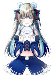 Rule 34 | 1girl, :3, animal ears, bare shoulders, bear ears, blue bow, blue eyes, blue hair, blue skirt, blue sleeves, bow, bowtie, brown hair, closed mouth, collarbone, commentary request, crop top, detached sleeves, frilled skirt, frills, hair bow, hands up, highres, holding, holding stuffed toy, juliet sleeves, kiyui (honey citron), long hair, long sleeves, looking at viewer, midriff, multicolored hair, navel, original, puffy sleeves, purple bow, purple bowtie, simple background, skirt, smile, solo, stuffed animal, stuffed toy, teddy bear, two-tone hair, very long hair, white background