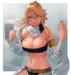 Rule 34 | 10s, 1girl, akame ga kill!, bare shoulders, blonde hair, breasts, cleavage, fighting stance, large breasts, lasterk, leone (akame ga kill!), licking lips, long hair, looking at viewer, navel, scarf, short hair with long locks, smile, solo, stomach, tongue, tongue out, yellow eyes