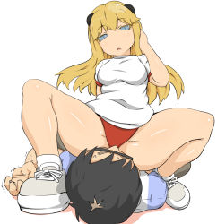Rule 34 | 1boy, 1girl, blonde hair, blue eyes, bored, buruma, covered eyes, femdom, girl on top, hen zemi, hetero, long hair, looking down, makiko gregory, open mouth, oral, simple background, sitting, sitting on face, sitting on person, sportswear, spread legs, squatting, tasukan (tuscan2), trembling, white background