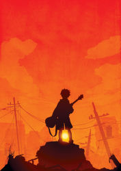 Rule 34 | 00s, 1boy, bass guitar, city, ddreams, flcl, from behind, horizon, instrument, male focus, nandaba naota, power lines, ruins, shorts, silhouette, sky, solo, standing, sunset